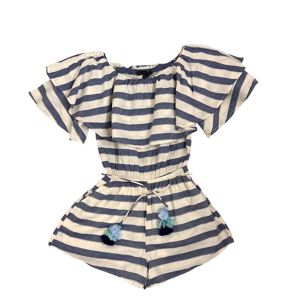 Boston Proper Off Shoulder Striped Nautical Vacation Beach Ruffle Romper XS